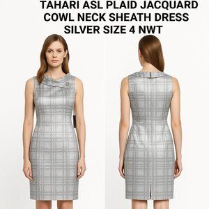 Tahari ASL Plaid Jacquard Cowl Neck Sheath Dress Silver Size 4 NWT?